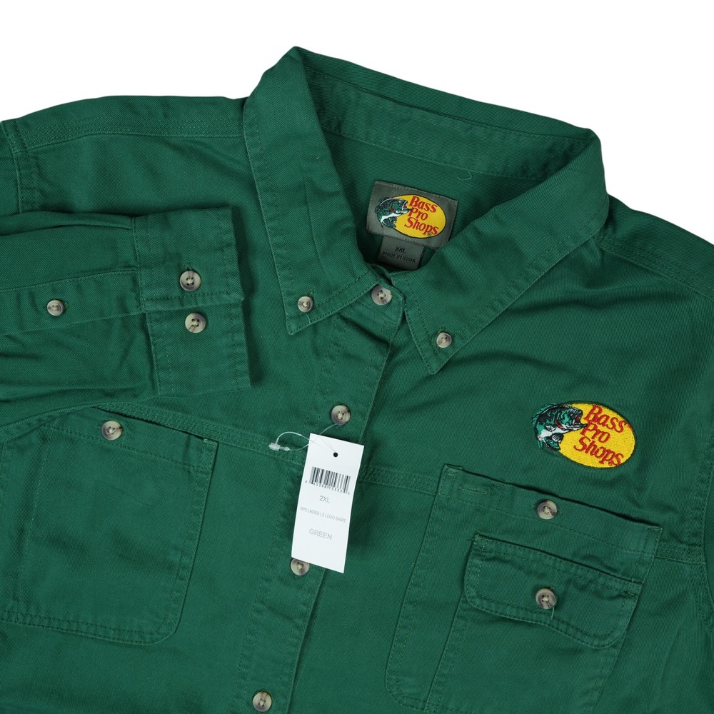 Bass Pro Shops Button Down Shirt Womens 2XL Green Embroidered Logo Long Sleeve